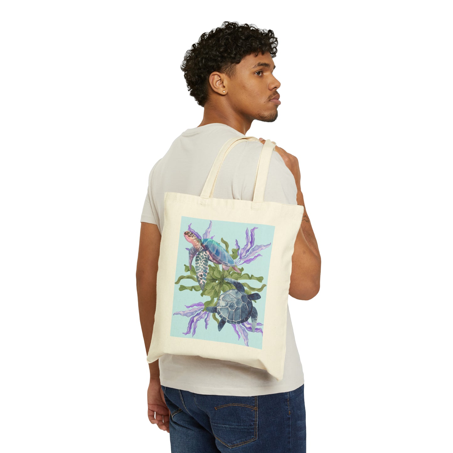 Cotton Canvas Tote Bag ocean turtle